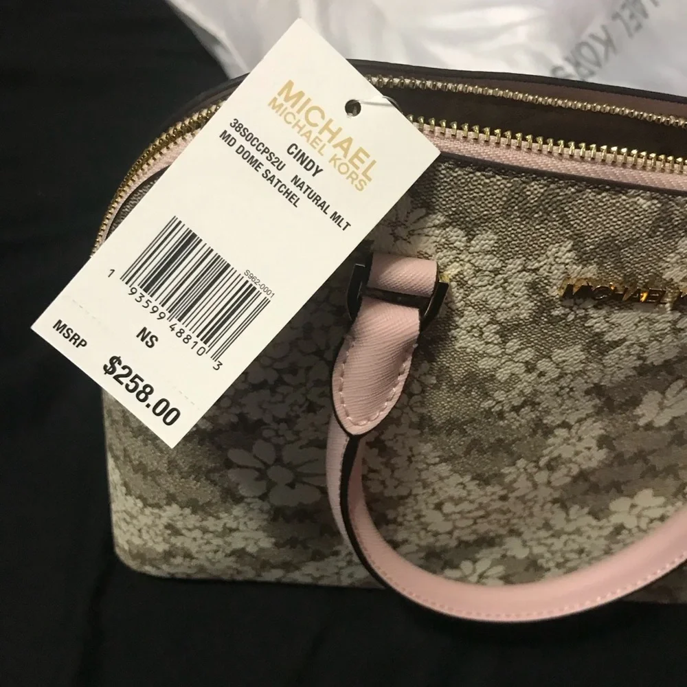 Michael Kors Beige Floral Logo Satchel with Pink Trim